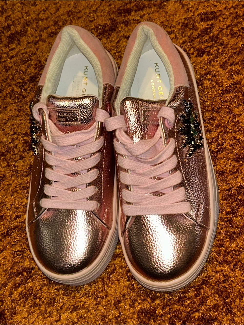 Kurt Geiger Kids Metallic Pink Rose Gold Sneakers with Crystal Detail